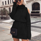 Danjeaner Autumn Winter Turtleneck Off Shoulder Knitted Sweater Dress Women Solid Slim Plus Size Long Pullovers Knitting Jumper