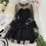 HISUMA spring autumn new women Star sequins gauze flare sleeve lace-up Princess dress female elegant o-neck mesh puff dresses