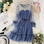 HISUMA spring autumn new women Star sequins gauze flare sleeve lace-up Princess dress female elegant o-neck mesh puff dresses