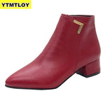 Fashion Women Boots Casual Leather Low High Heels Spring Shoes Woman Pointed Toe Rubber Ankle Boots Black Red Zapatos Mujer