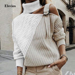 Women Patchwork Turtleneck Sweater Sexy Off Shoulder Buckle Knitted Pullover Autumn Winter Long Sleeve Jumper Tops Pull Knitwear