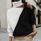 Women Patchwork Turtleneck Sweater Sexy Off Shoulder Buckle Knitted Pullover Autumn Winter Long Sleeve Jumper Tops Pull Knitwear