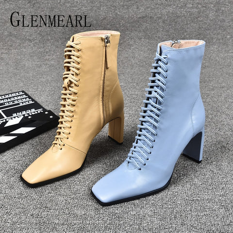 Genuine Leather Women Boots Fashion High Heels Shoes Winter Lace Up Woman Martin Boots Square Toe Ankle Boots Female Shoes Heels