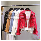 2019 Autumn Women Harajuku Red Denim Jacket Coat Heavy Hand Beaded Rivet Short Black Jeans Jacket Student Basic Coats Outfit