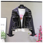 2019 Autumn Women Harajuku Red Denim Jacket Coat Heavy Hand Beaded Rivet Short Black Jeans Jacket Student Basic Coats Outfit