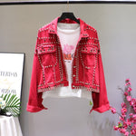 2019 Autumn Women Harajuku Red Denim Jacket Coat Heavy Hand Beaded Rivet Short Black Jeans Jacket Student Basic Coats Outfit