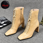 Genuine Leather Women Boots Fashion High Heels Shoes Winter Lace Up Woman Martin Boots Square Toe Ankle Boots Female Shoes Heels