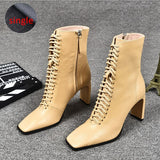 Genuine Leather Women Boots Fashion High Heels Shoes Winter Lace Up Woman Martin Boots Square Toe Ankle Boots Female Shoes Heels