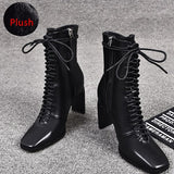 Genuine Leather Women Boots Fashion High Heels Shoes Winter Lace Up Woman Martin Boots Square Toe Ankle Boots Female Shoes Heels