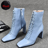 Genuine Leather Women Boots Fashion High Heels Shoes Winter Lace Up Woman Martin Boots Square Toe Ankle Boots Female Shoes Heels