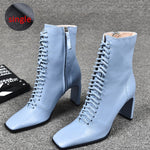 Genuine Leather Women Boots Fashion High Heels Shoes Winter Lace Up Woman Martin Boots Square Toe Ankle Boots Female Shoes Heels