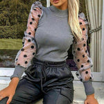 Spring Winter Fashion Women Turtleneck Sweater Ladies Knitted  Ribbed Spotted Polka Dots Mesh Puff Sleeve Jumper Top Sweater