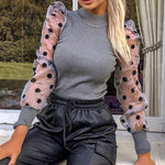 Spring Winter Fashion Women Turtleneck Sweater Ladies Knitted  Ribbed Spotted Polka Dots Mesh Puff Sleeve Jumper Top Sweater