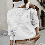 Women Patchwork Turtleneck Sweater Sexy Off Shoulder Buckle Knitted Pullover Autumn Winter Long Sleeve Jumper Tops Pull Knitwear