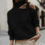 Women Patchwork Turtleneck Sweater Sexy Off Shoulder Buckle Knitted Pullover Autumn Winter Long Sleeve Jumper Tops Pull Knitwear