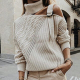 Women Patchwork Turtleneck Sweater Sexy Off Shoulder Buckle Knitted Pullover Autumn Winter Long Sleeve Jumper Tops Pull Knitwear