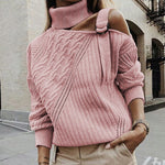 Women Patchwork Turtleneck Sweater Sexy Off Shoulder Buckle Knitted Pullover Autumn Winter Long Sleeve Jumper Tops Pull Knitwear