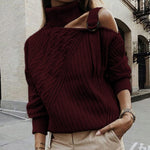 Women Patchwork Turtleneck Sweater Sexy Off Shoulder Buckle Knitted Pullover Autumn Winter Long Sleeve Jumper Tops Pull Knitwear