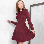 Solid Velvet Long Sleeve Bow A-line Dress Women Casual Slim Above-knee Dresses Autumn Winter Ladies Elegant Party Dress Vestidos