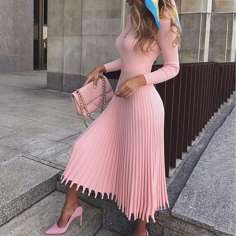 Elegant Party Pleated Sweater Dress Women 2019 Winter Autumn Pink Office Ladies Midi Knitted Vestido Sexy Slim Plus Size Dresses