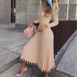 Elegant Party Pleated Sweater Dress Women 2019 Winter Autumn Pink Office Ladies Midi Knitted Vestido Sexy Slim Plus Size Dresses