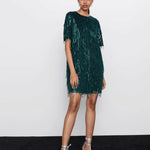 ZA women dress 2019 shiny fringed bright Chic lady green black streetwear sexy mini club party dress