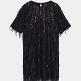 ZA women dress 2019 shiny fringed bright Chic lady green black streetwear sexy mini club party dress