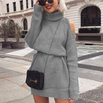 Danjeaner Autumn Winter Turtleneck Off Shoulder Knitted Sweater Dress Women Solid Slim Plus Size Long Pullovers Knitting Jumper