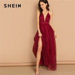 SHEIN Burgundy Plunging Neck Crisscross Back Cami Dress Maxi Plain Sexy Night Out Dress Autumn Modern Lady Women Party Dresses