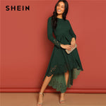 SHEIN Green Laser Cut Fit and Flare Belted Scallop Hem Mid Waist Zipper Back Long Sleeve Solid Dress Autumn Women Party Dresses