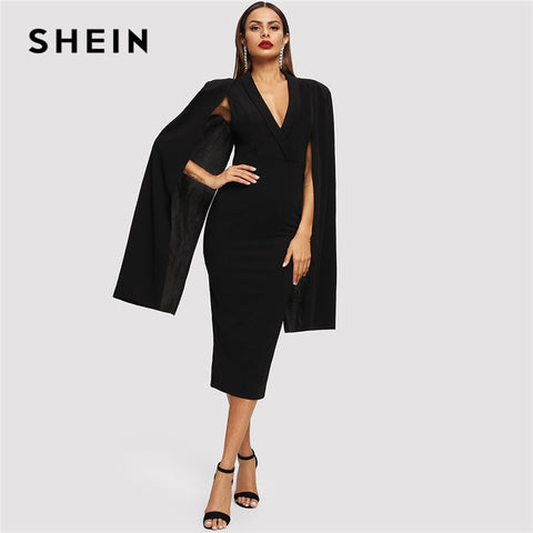 SHEIN Black Cape Sleeve Deep V Neck Shawl Surplice Collar Split Hem Pencil Bodycon Maxi Dress Women Spring Elegant Party Dresses