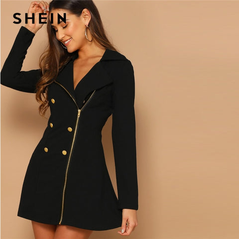 SHEIN Black Double Breasted Detail Asymmetrical Zip Up Notched Dress 2019 Spring Elegant Fit And Flare A Line Elegant Dresses