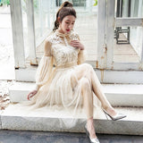 2019 New Women Fashion Dress Stand Collar Lantern Sleeve Mesh Dress See-through Lace Embroidery Fairy Dress Femme Vestidos Robe