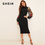 SHEIN Flower Embroidered Mesh Sleeve Bodycon Dress Women Spring Black Elegant Dress Stand Collar Long Sleeve Slim Midi Dress