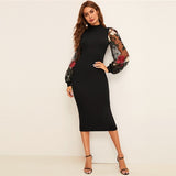 SHEIN Flower Embroidered Mesh Sleeve Bodycon Dress Women Spring Black Elegant Dress Stand Collar Long Sleeve Slim Midi Dress