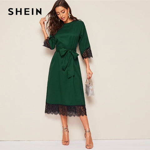 SHEIN Classy Abaya Green Eyelash Lace Hem Belted Tunic Long Dress Women Elegant Solid Summer Autumn Office Lady Straight Dresses