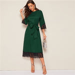 SHEIN Classy Abaya Green Eyelash Lace Hem Belted Tunic Long Dress Women Elegant Solid Summer Autumn Office Lady Straight Dresses