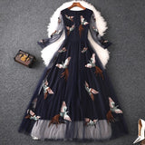 High Quality Designer Runway Maxi Dress Women 2019 Summer Elegant Birds Embroidery Tulle Maxi Party Dresses Sexy Casual Vestidos