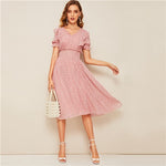 SHEIN Pink Ruffle Trim Puff Sleeve Shirred Waist Summer Boho Dress 2019 Fit and Flare Dress Women Elegant Empire Long Dresses